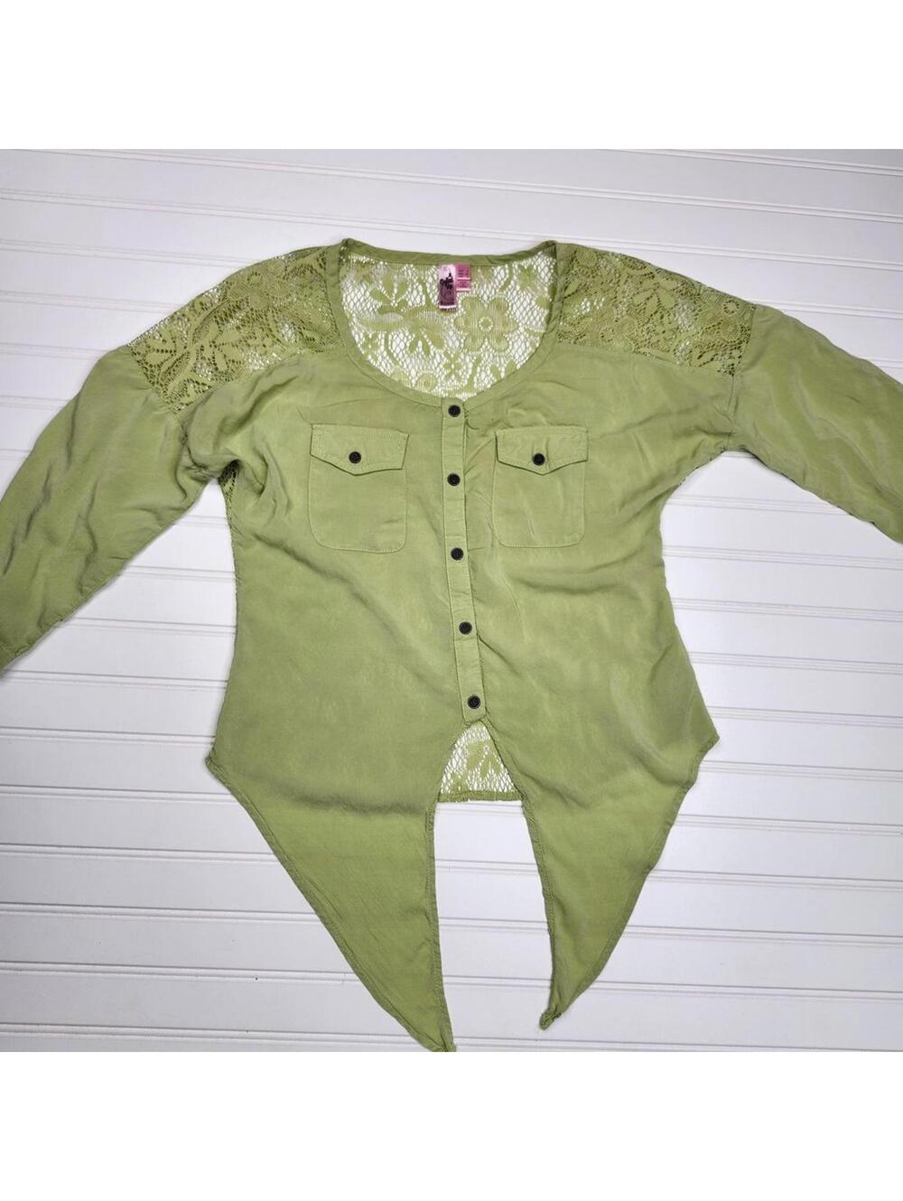 Dolled Up by Fang Women's Green Tie Front Long Sleeve Lace Back Blouse Small